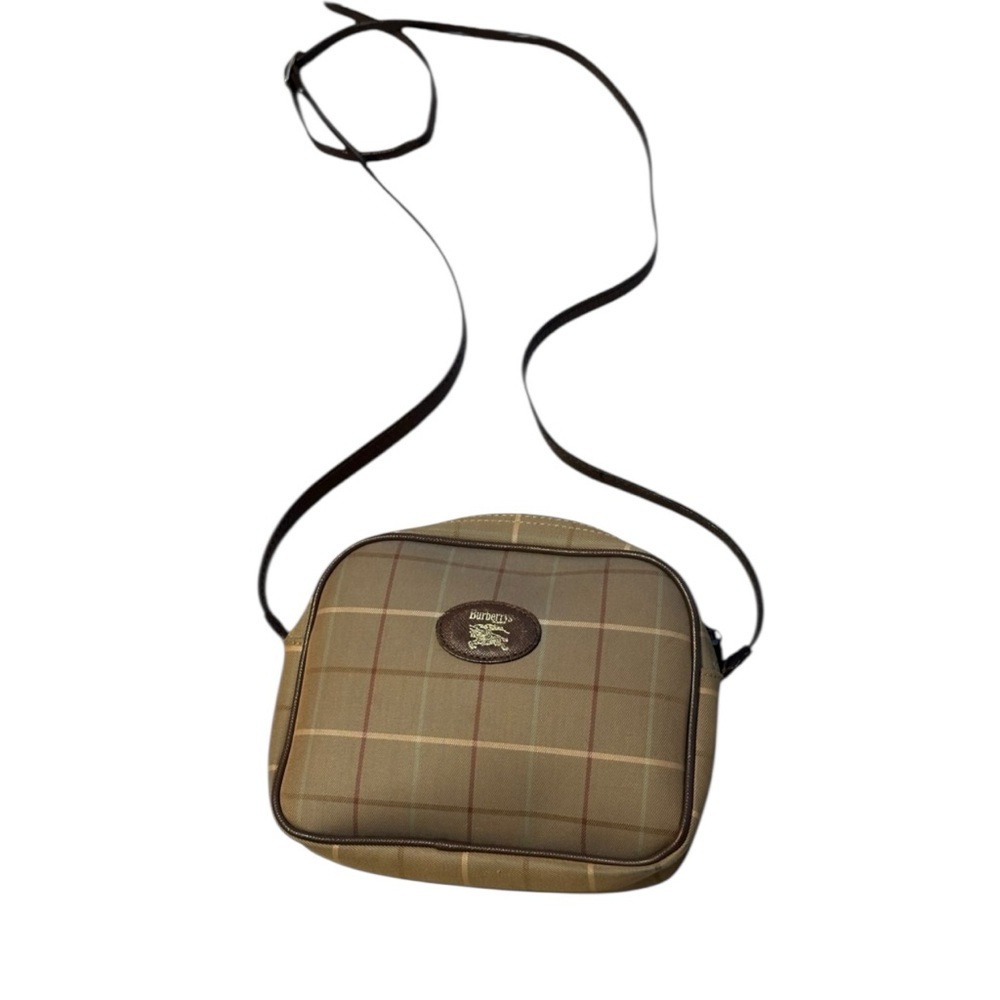 Burberry’s Vintage Brown Plaid Canvas Crossbody Leather Trim Authentic - Picture 3 of 7